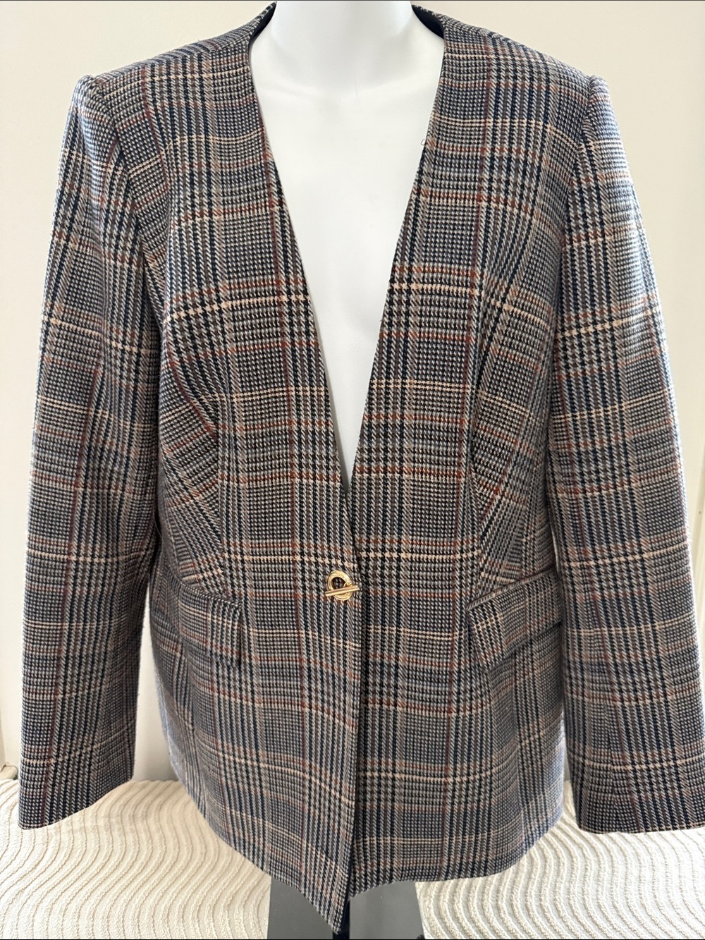 Calvin Klein Glen Plaid Single-Button Blazer in Gray, Black and Brown